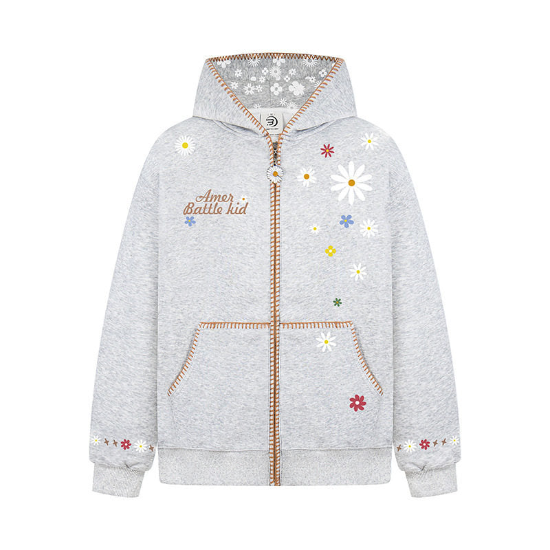 Floral Embroidery Hooded Sweatshirt Unisex Loose Casual Outerwear